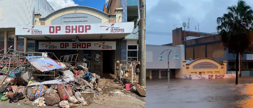 The Lismore Op Shop during and after the floods. 